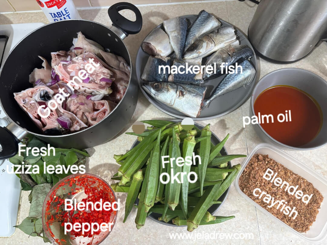 Fresh-ingredients-for-making-okro-and-uziza-soup-including-okro-uziza-leaves-meat-crayfish-pepper-fish-palmoil