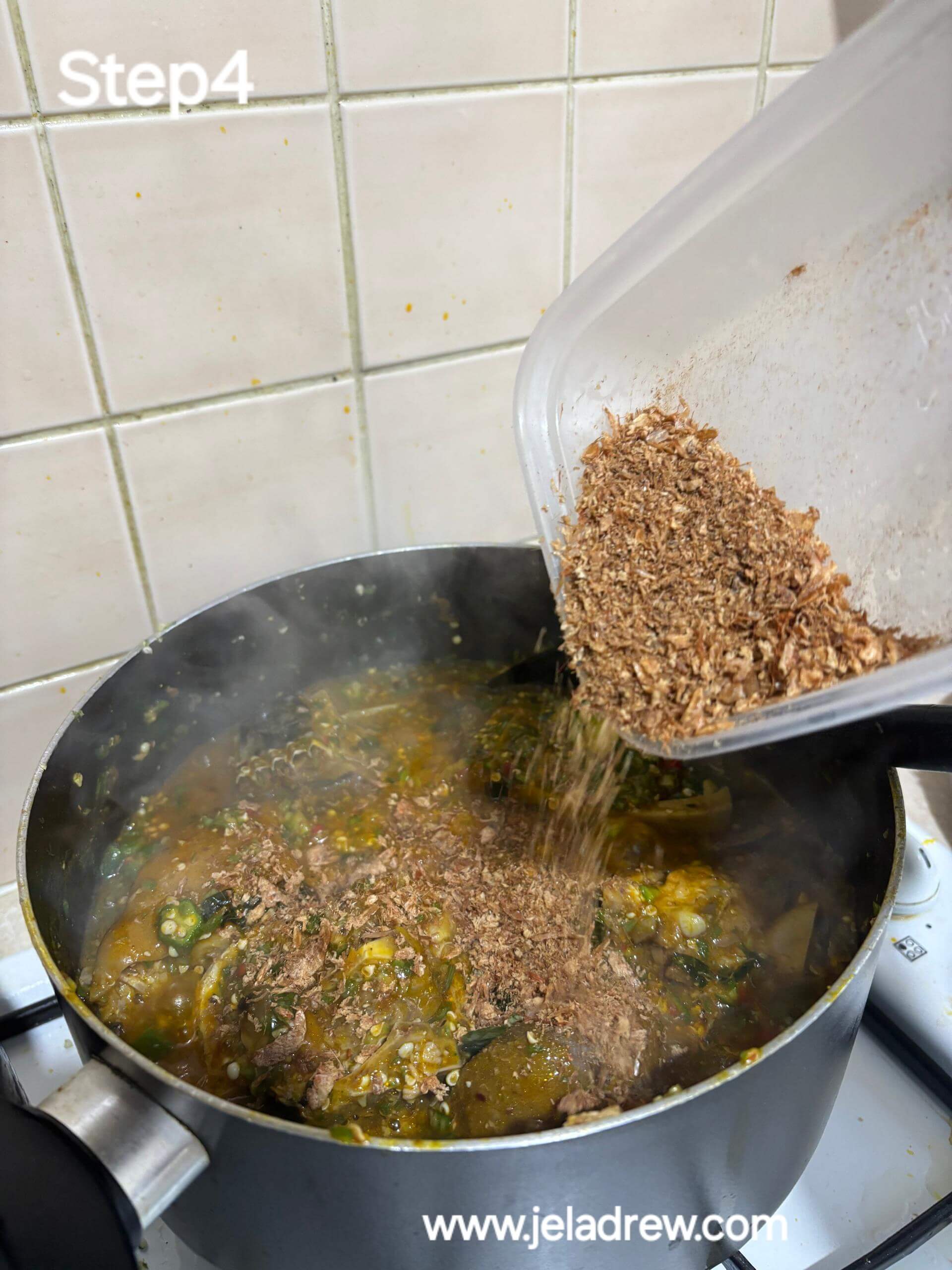 Ground-crayfish-being-added-to-a-pot-of-a-pot-of-simmering soup enhance its flavor and aroma.