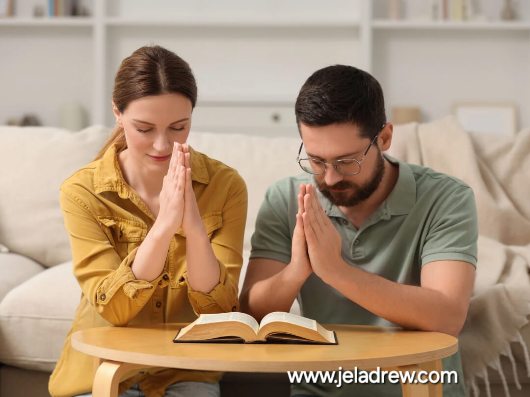 Couple-kneeling-and-praying-together-with-an-open-Bible-on-the-table-showing-faith-and-unity-symbolizing-pillar-of-faith-and-love-in-marriage