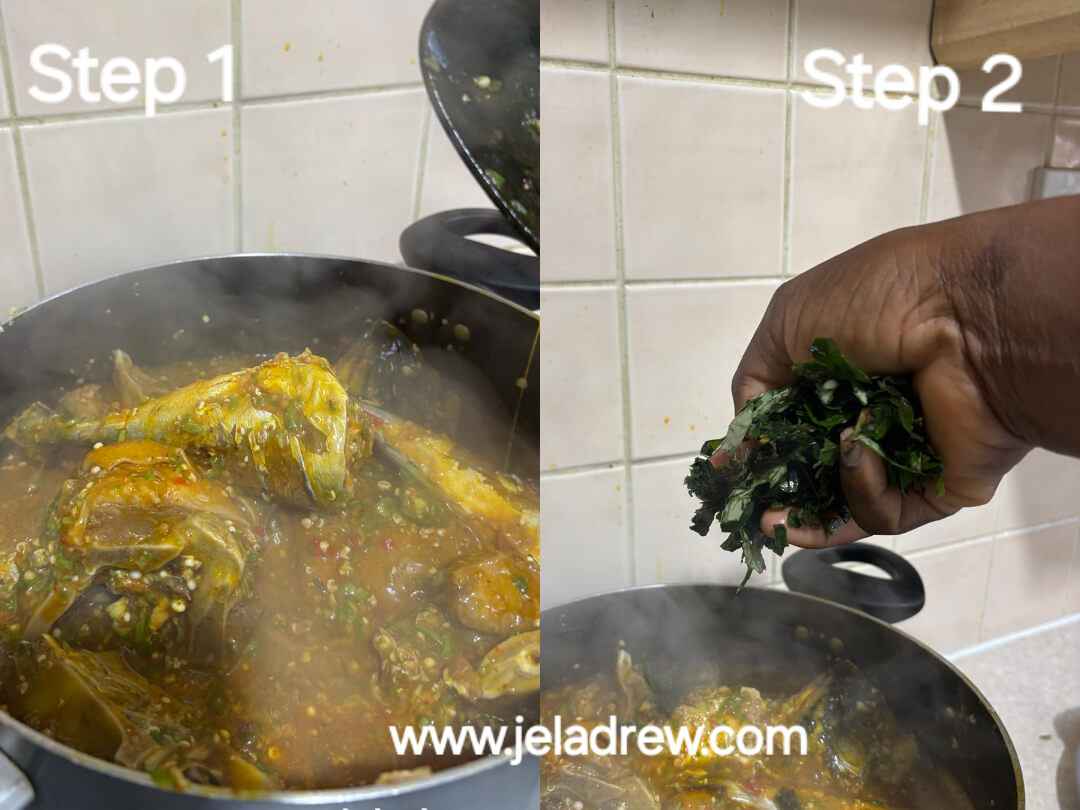 A-pot-of-okro-soup simmering-on-the-gas-stove-as-freshly-chopped-uziza-leaves-are-added-for-flavor-and-aroma