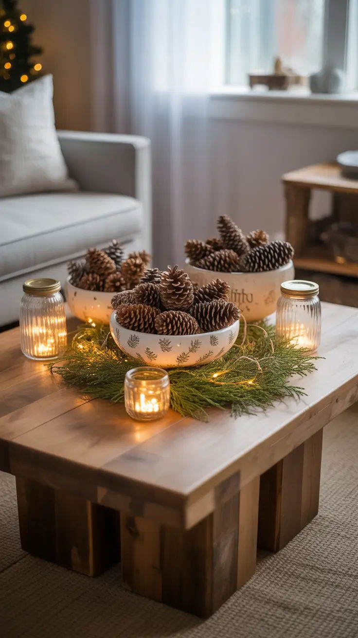Wood-coffee-table-with-pinecones-in-a-bowl-and candles