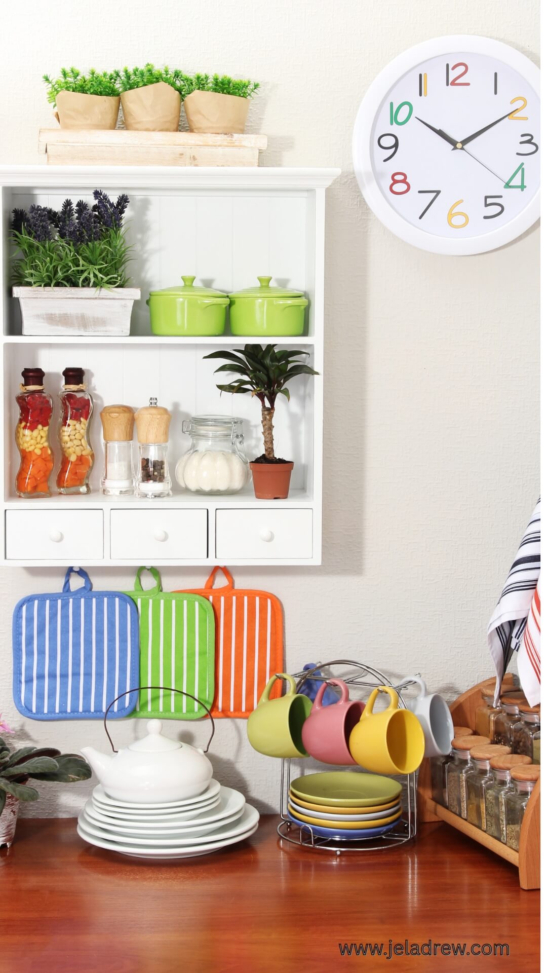 Colorful-kitchen-decor-with-plants-spice-jars-and-mugs-arranged-neatly-on-a-wooden-counter-20-small-kitchen-decor