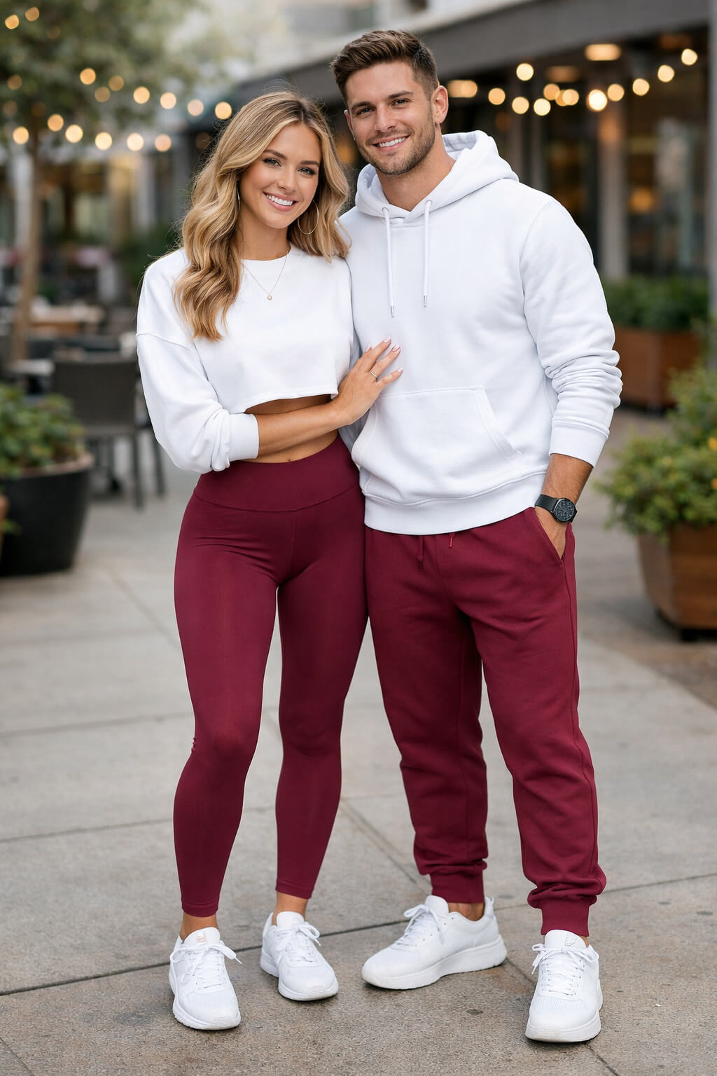 Couple-wearing-matching-burgundy-and-white-athleisure-outfits-with-sneakers-for-a-casual-date-look