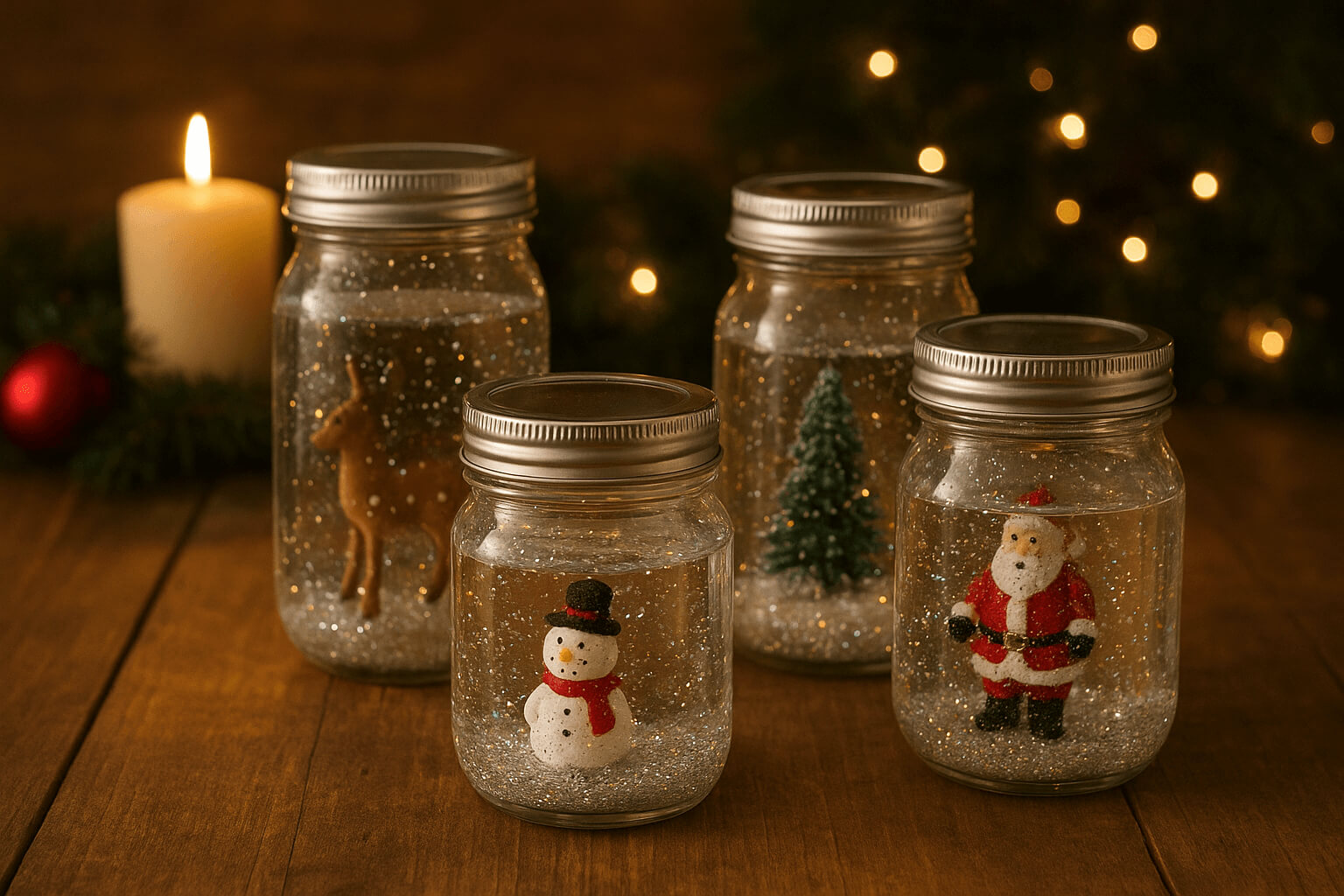 DIY-snow-globes-in-mason-jars-filled-with-water-glitter-and-small-figurines-arranged-on-a-wooden-table-with-festive-holiday-decorations-and-warm-lighting.