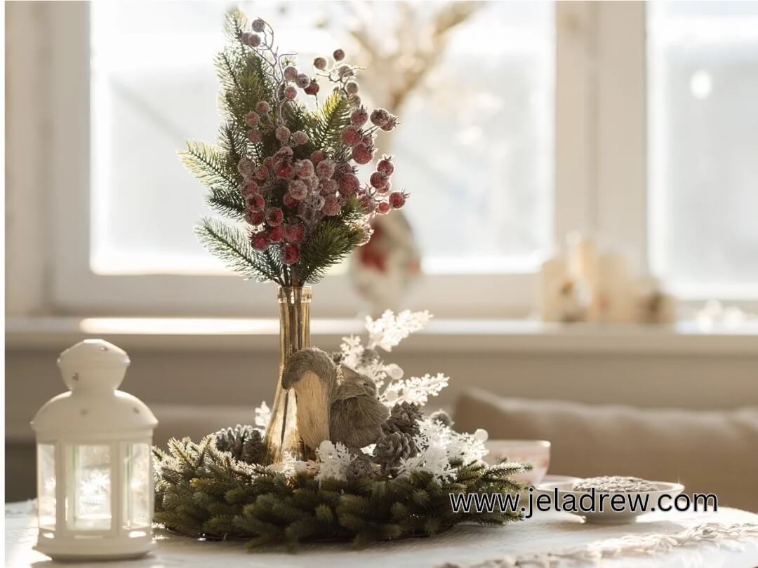 Winter-floral-centerpiece-with-poinsettias-holly-evergreen-sprigs-and-red-berries-arranged-in a-festive-vase-adding-color-texture-DIY-Christmas-table