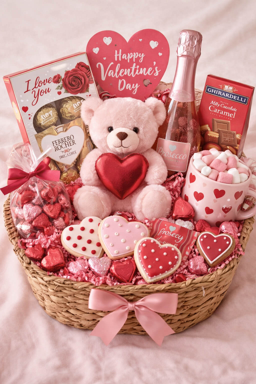 Valentine’s-Day-gift-basket-with-teddy-bear-chocolates-heart-shaped-cookies-pink-Prosecco-and-marshmallow-mug