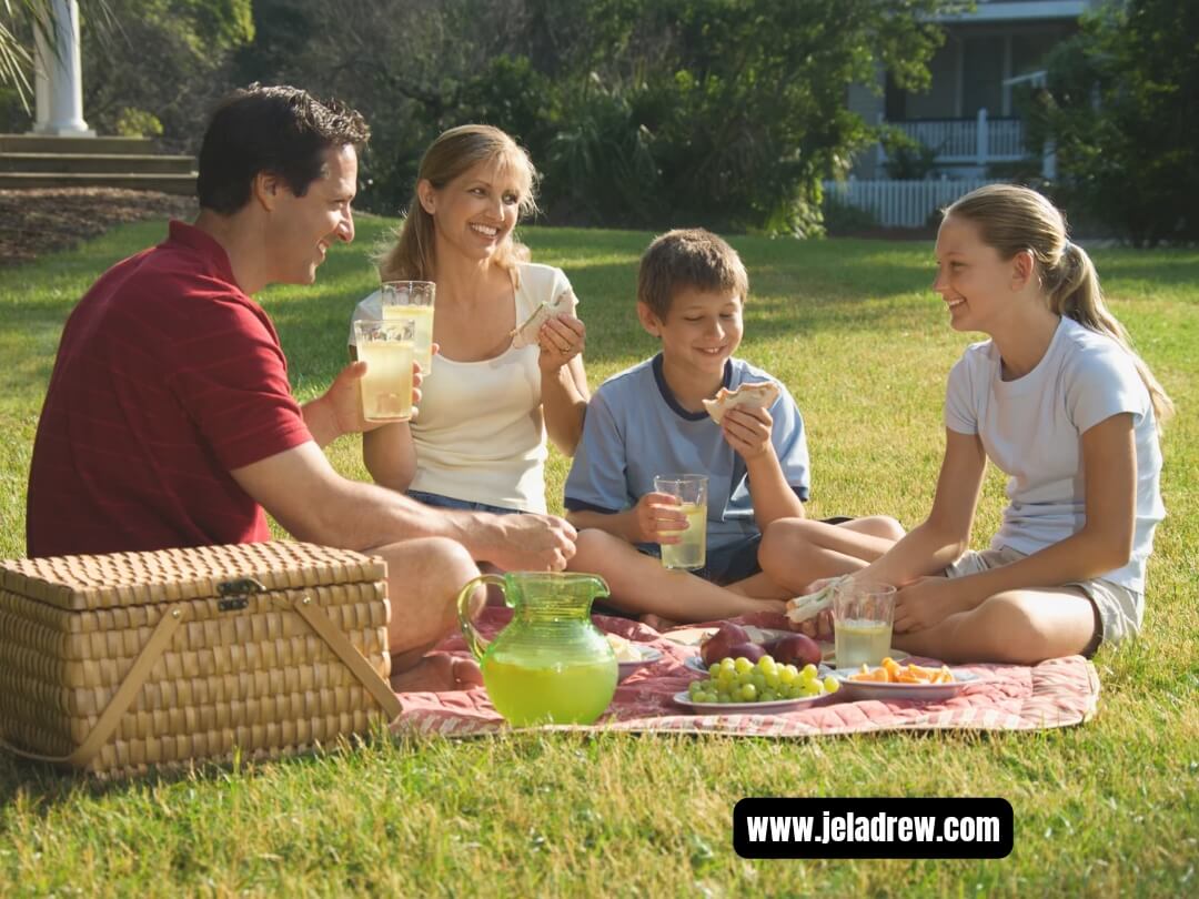 Family-enjoying-a-spring-back-yard-picnic-with-home-made-snacks-fruits-drinks.