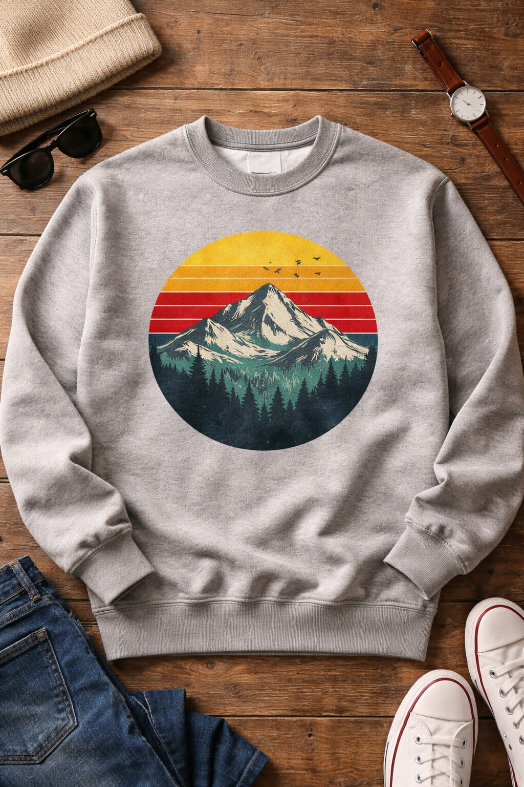 Gray-pull-over-sweat-shirt-with-retro-mountain-sun-set-design-chic-Valentines-Day-gift-ideas-for-your-daughter-she'll-love
