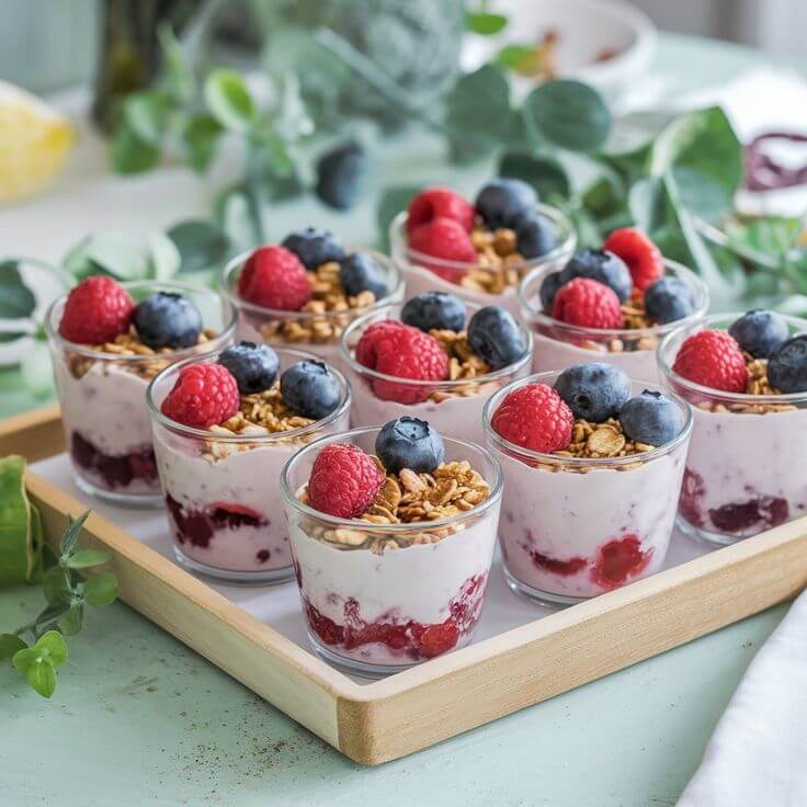 berry-bliss-yogurt--topped-with-granola-raspberries-and-blueberries-in-small-cups-baby-shower-food