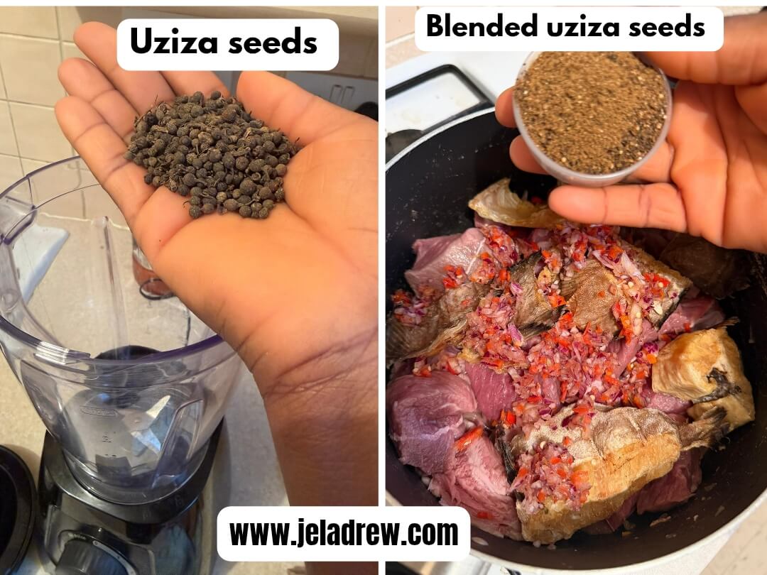 Hand-pouring-uziza-African-black-pepper-seeds-into-a-blender-followed-by-freshly-blended-uziza-seeds-being-added-to-a-pot-with-meat-and-stock-fish-cooking-in-rich-broth