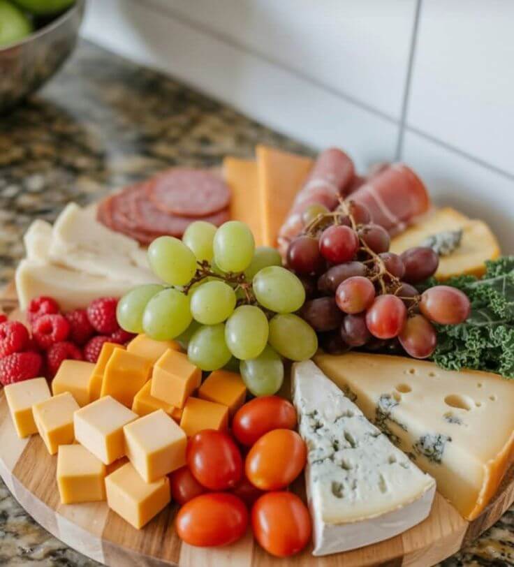 Cheese-board-with-grapes-cherry-tomatoes-crackers-and-assorted-cheeses.