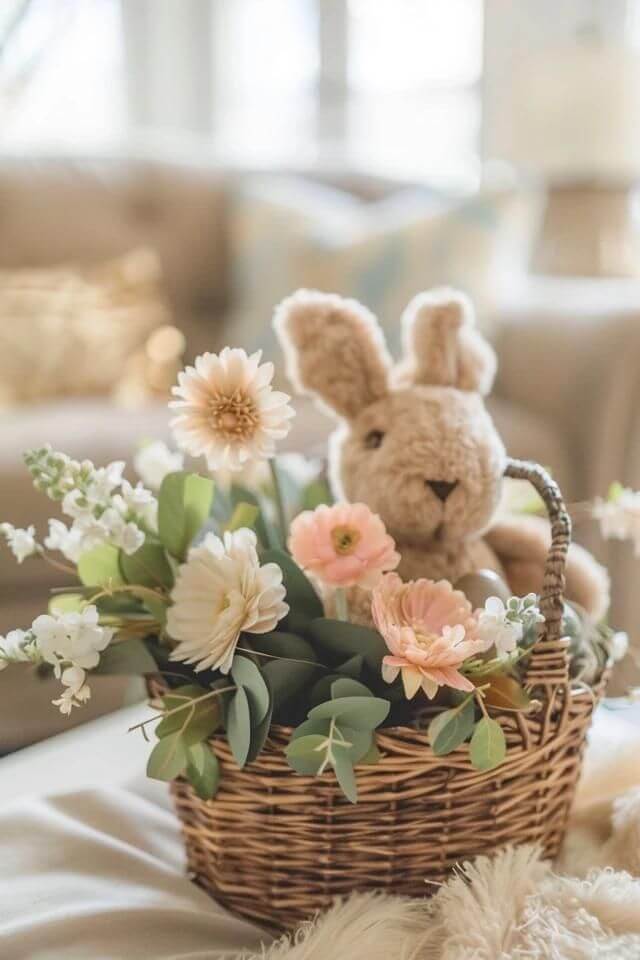 Small-bunny-in-basket-surrounded by-spring-flowers