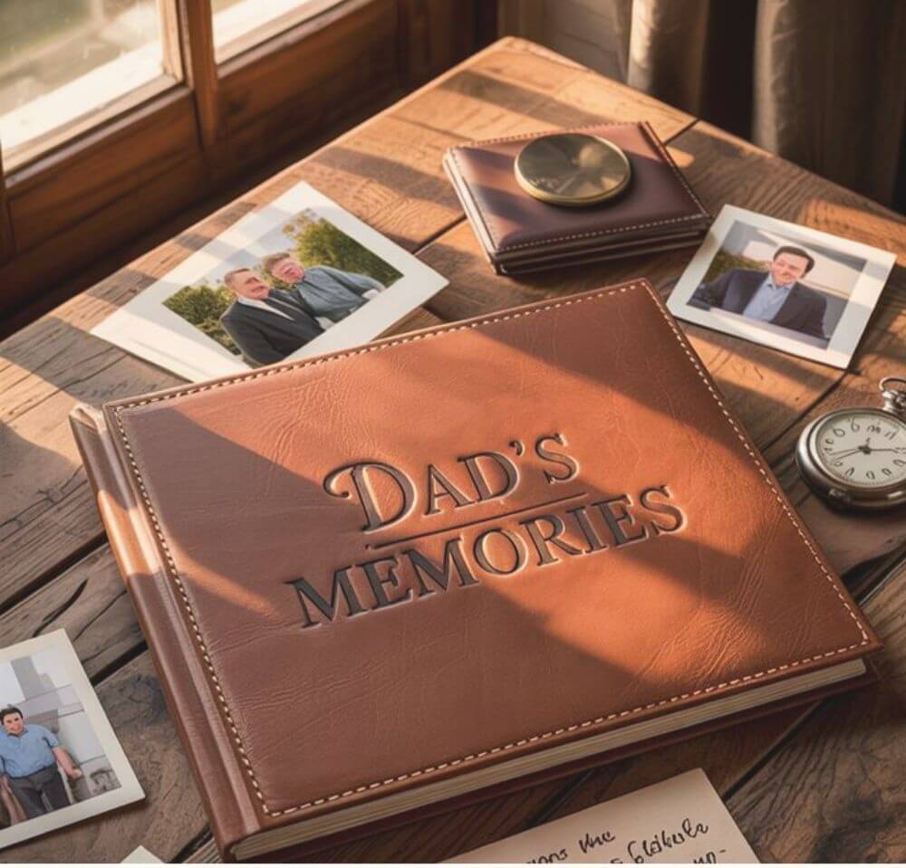 Leather-photo-album-labeled-Dad’s-Memories-with-printed-family-photos-on-a-wooden-desk.