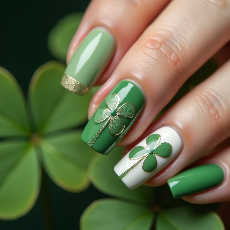 Green-and-white-nails-with-four-leaf-clovers