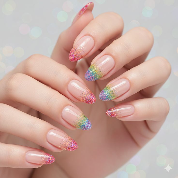 Nude-glitter-rainbow-design-festive-St-Patric's-Day-nail-ideas