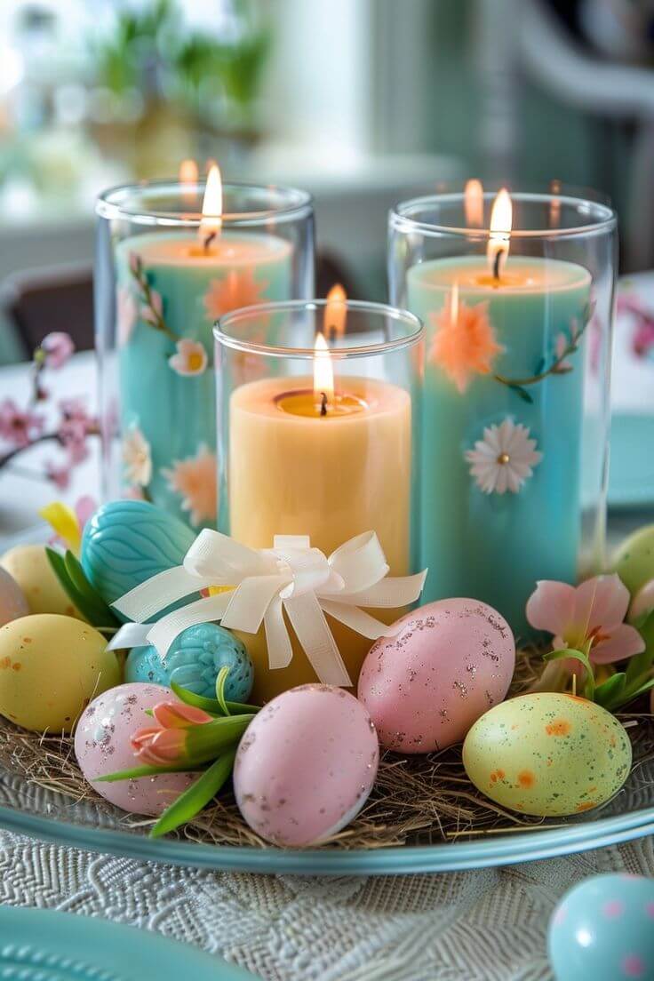 Easter-candle-center-piece-with-pastel-eggs-and-glass-holders