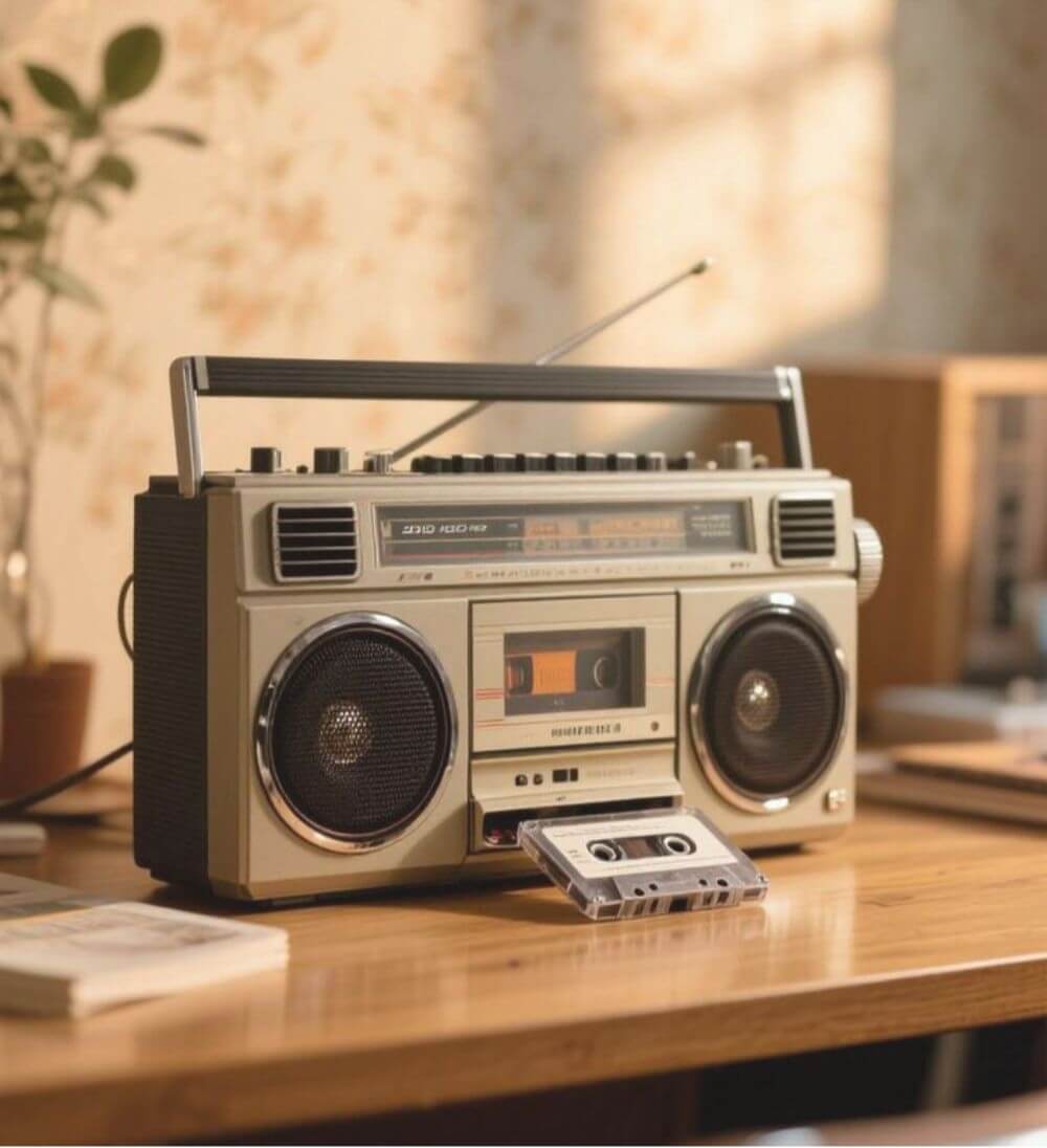 Retro-portable-radio-and-cassette-player-on-a-wooden-table-perfect-nostalgic-Father’s-Day-gift.