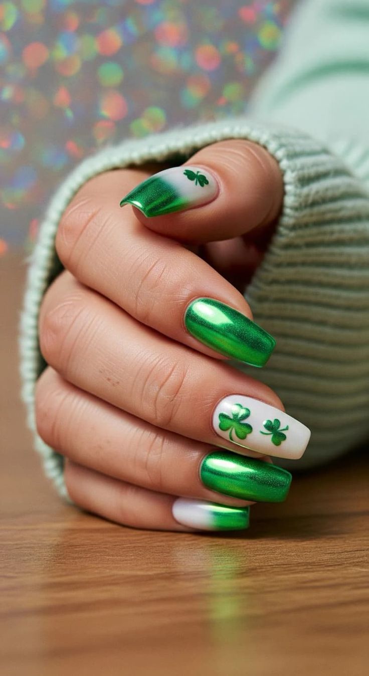 Green-nails-with-white-shamrock-accents-St-Patric's-Day-nail-ideas