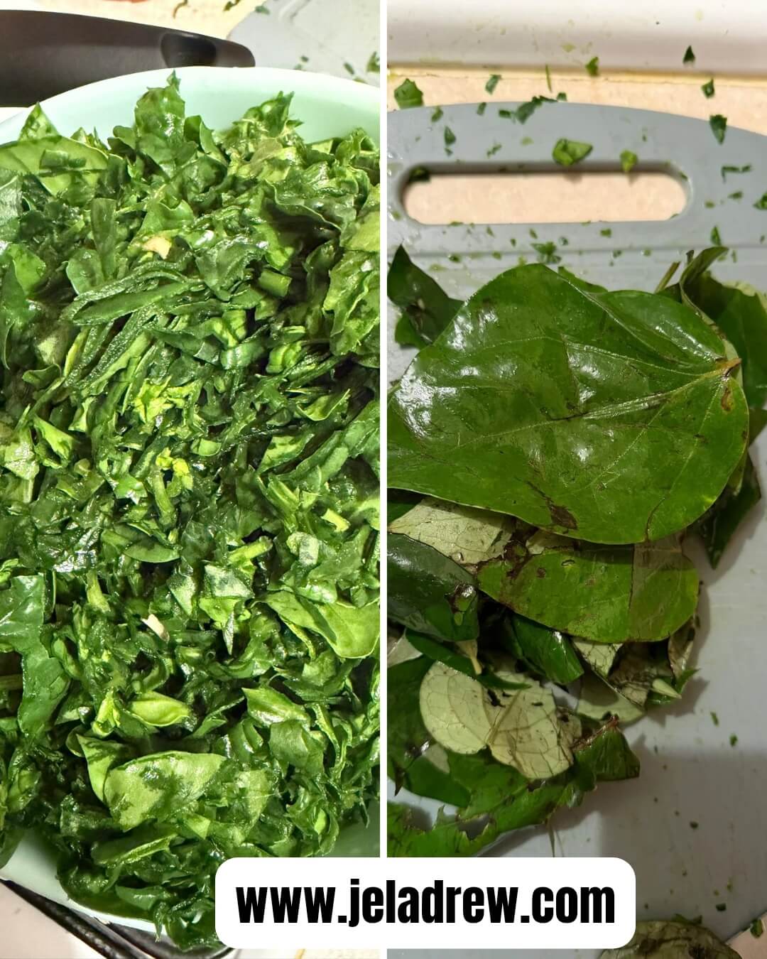 Step-2-Sliced-spinach-and-uziza-seeds-placed-on-a-gray-chopping-board-ready-to-slice