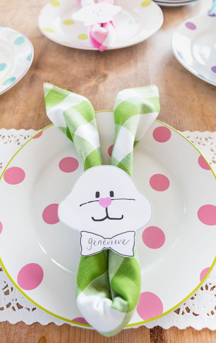 Bunny-shaped-napkin-folded-on-pink-dot-Easter-plate