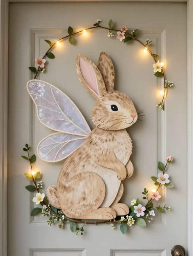 Printed-bunny-wall-art-with-fairy-lights-and-floral-wreath-20-easy-easter-decorations-you-can-make-at-home