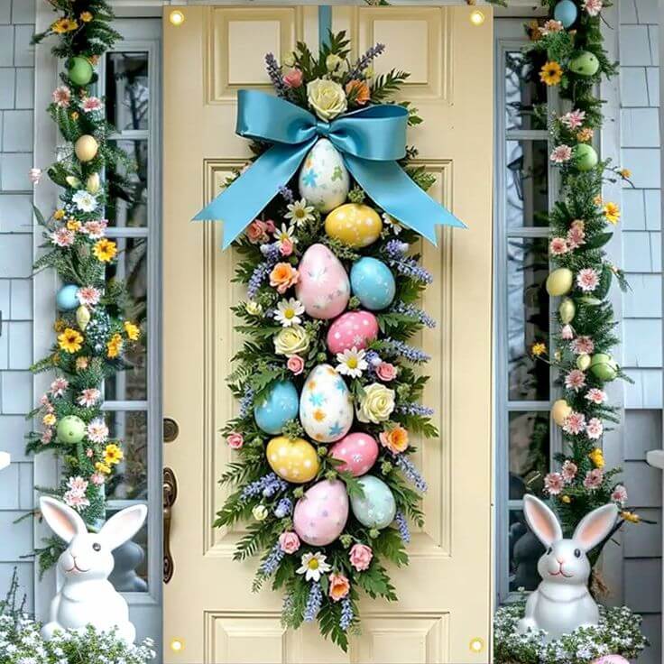 Front-door-Easter-swag-decorated-with-floral-wreath-pastel-eggs-and-blue-bow