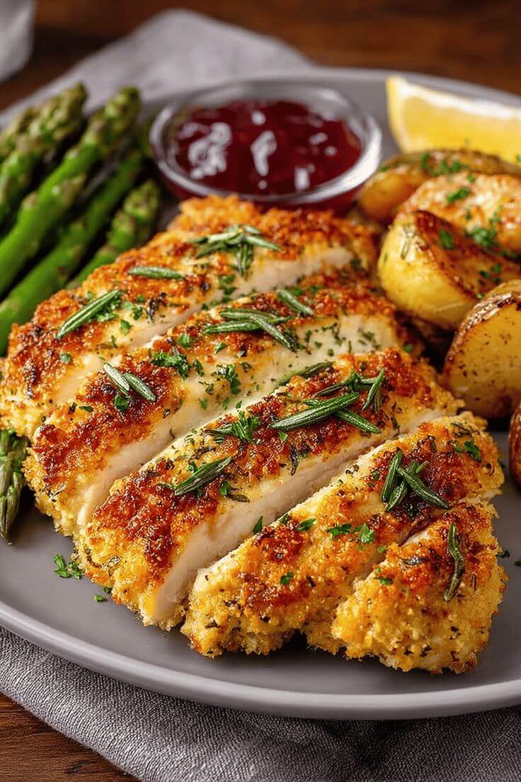 Herb-crusted-chicken-breast-served-with-potatoes-and-asparagus