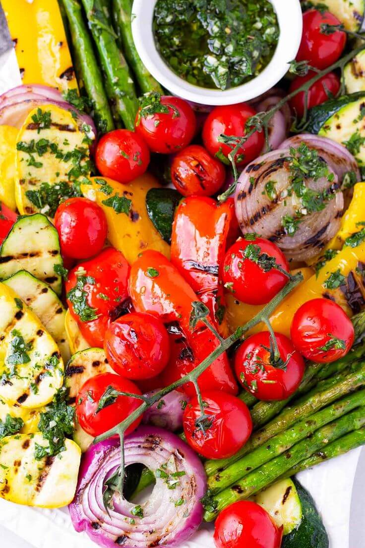 Grilled vegetables with cherry tomatoes-asparagus-red-onions-and-herb-sauce-15-delicious-4th-of-july-side-dishes
