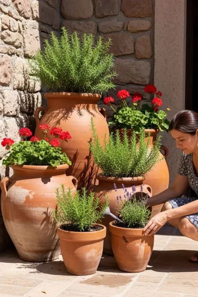 terracotta-pots-arrangement-garden-plants-display