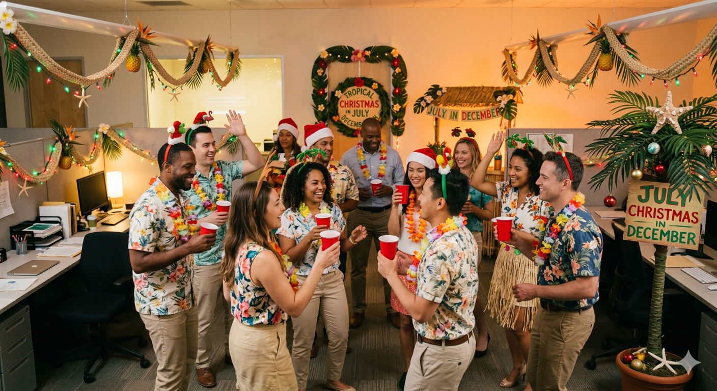 tropical-christmas-office-party-theme-decorations-with-employees-dancing