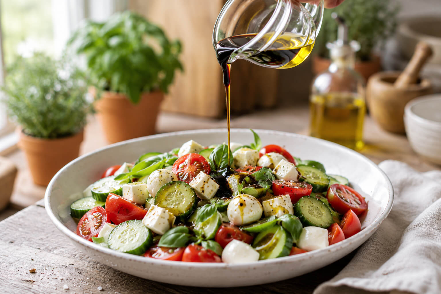 Image-of-balsamic-glaze-and-olive-oil-together-being-drizzled-on-the-salad