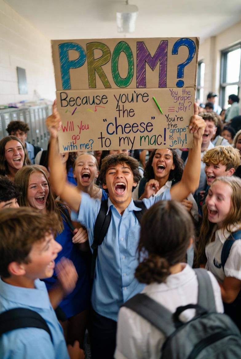 A-smiling-high-school-student-holding-a-funny-cardboard-prom-proposal-poster-board-in-a-school-hallway.