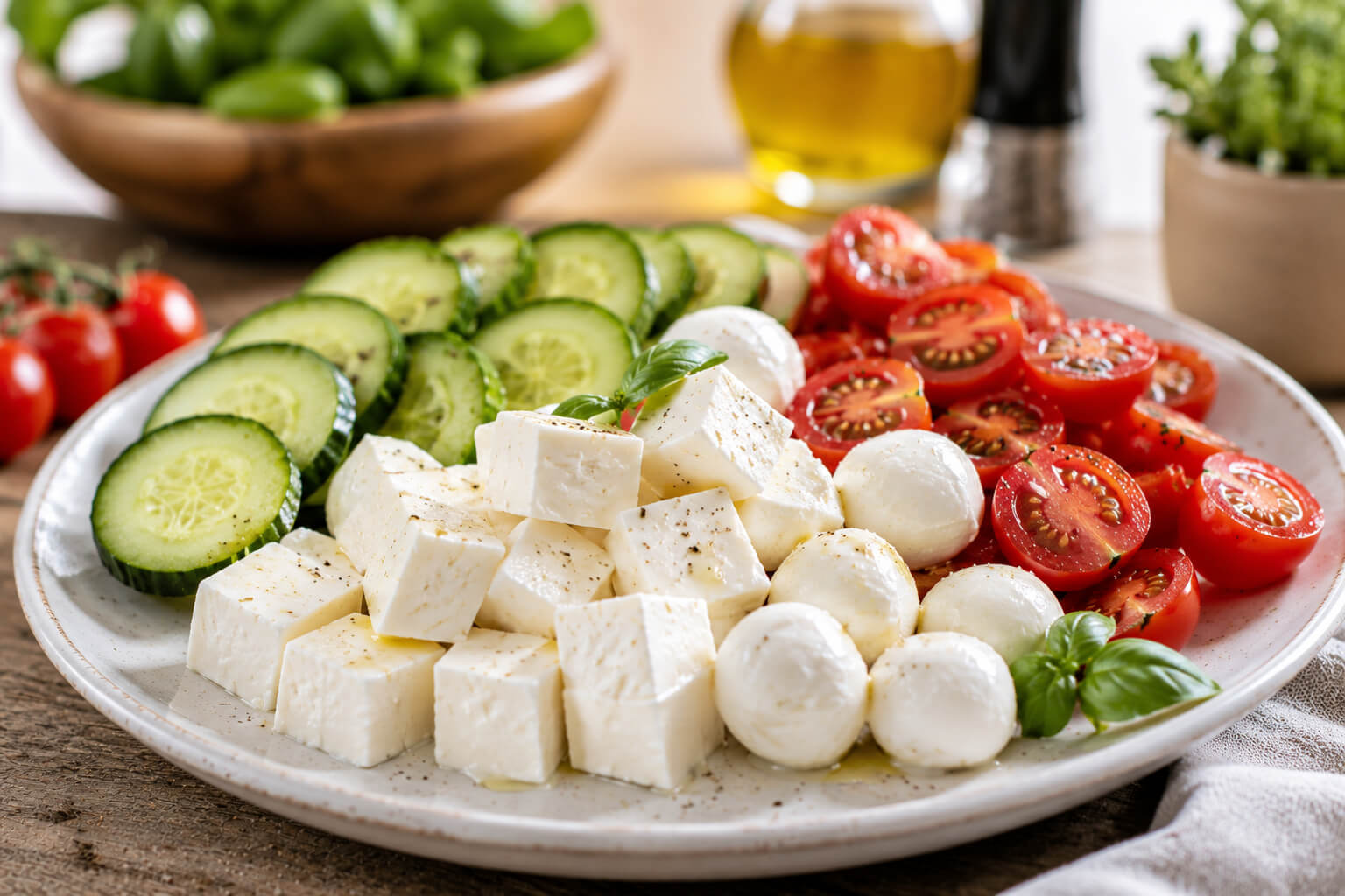 Mixed-cucumber-tomaotes-and-mozarella-in-a-white-bowl-for-cucumber-caprese-salad