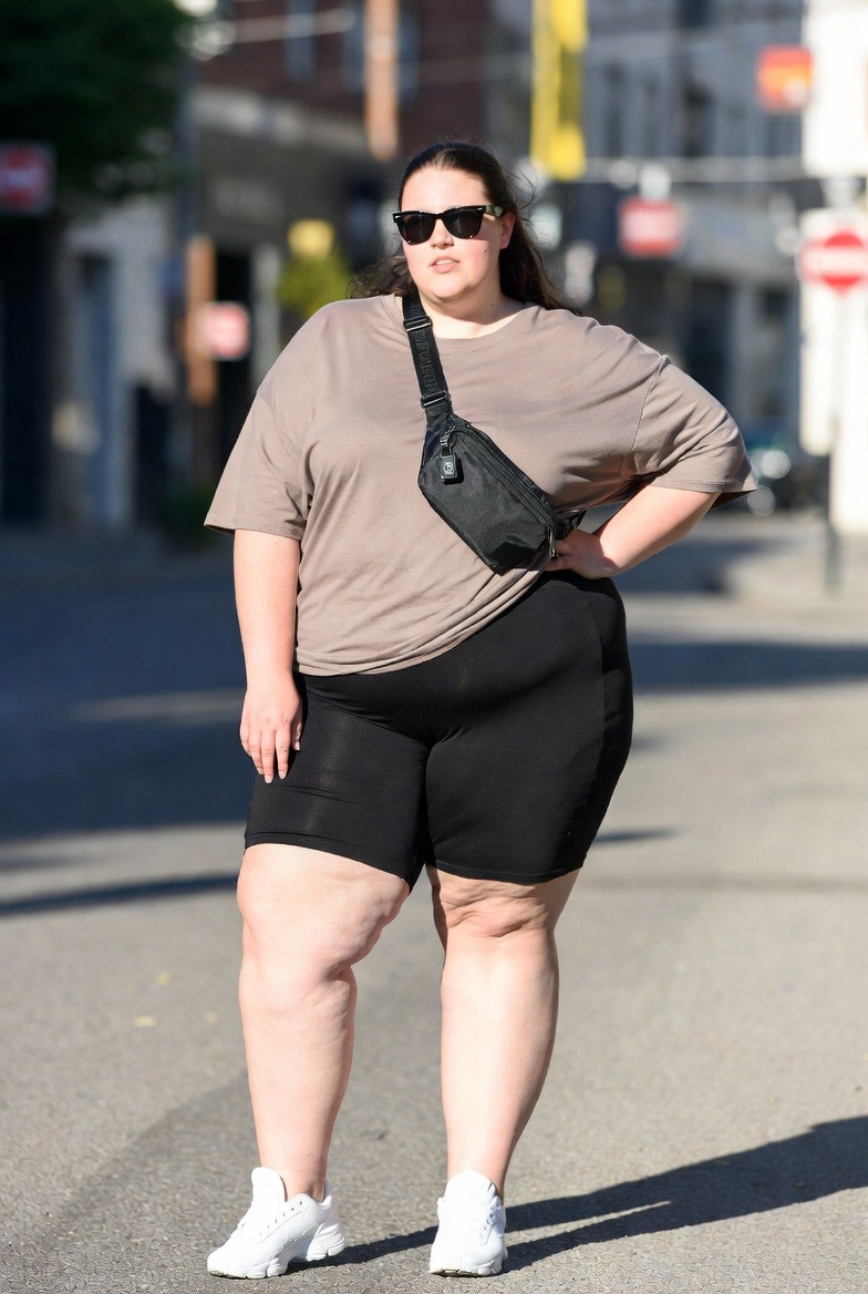 Curvy-woman-wearing-high-waist-black-biker-shorts-and-an-oversized-graphic-tee-with-white-sneakers-perfect-as-a-plus-size-soccer-mom-outfit