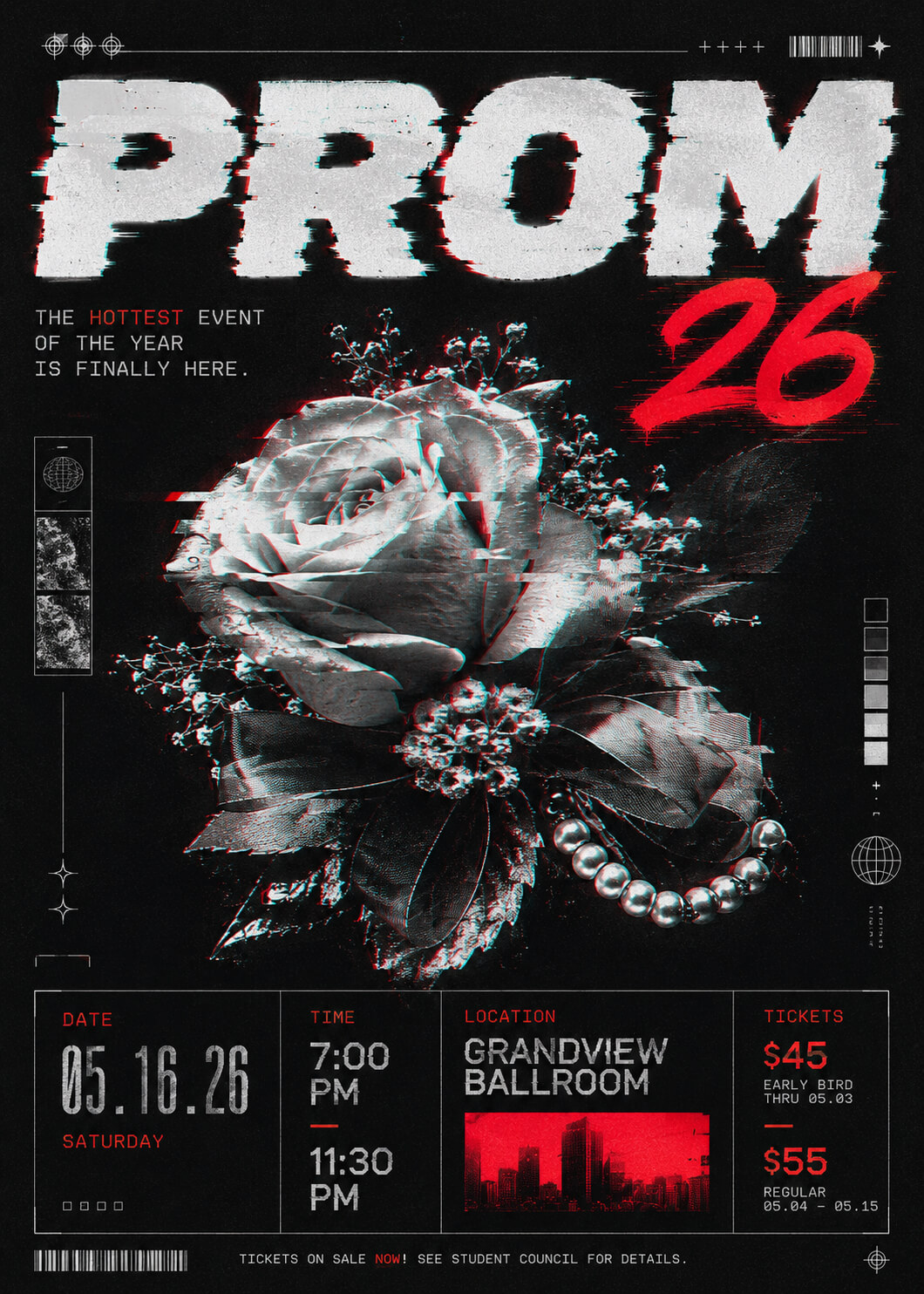 Edgy-dark-mode-tech-style-poster-featuring-a-central-rose-corsage-with-a-digital-glitch-art-effect-bold-distorted-white-and-red-typography-and-futuristic-layout-elements