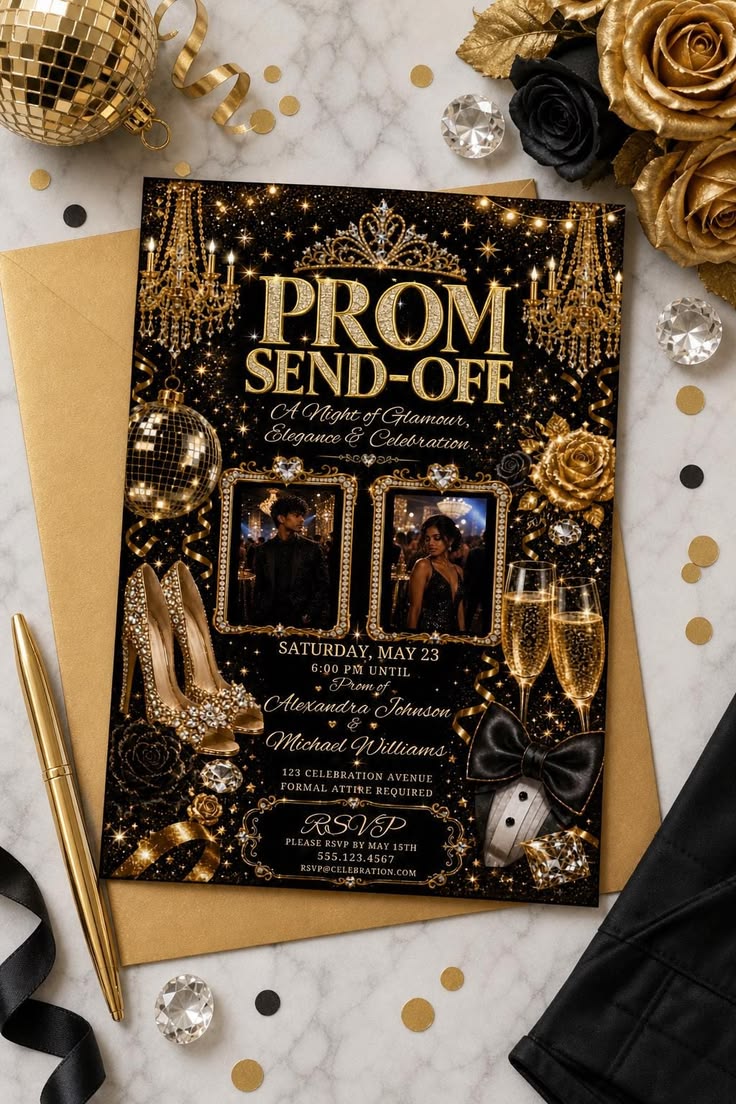 Sparkly-royal-prom-send-off-invitation-with-diamond-encrusted-typography-gold-chandeliers-disco-balls-and-twin-portrait-frames