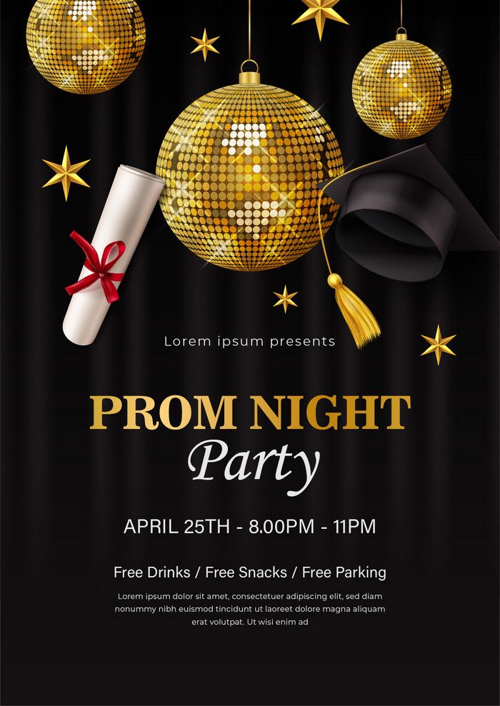 Graduation-and-senior-ball-mashup-poster-with-gold-disco-balls-rolled-diploma-and-black-graduation-cap-for-prom-flyer-ideas