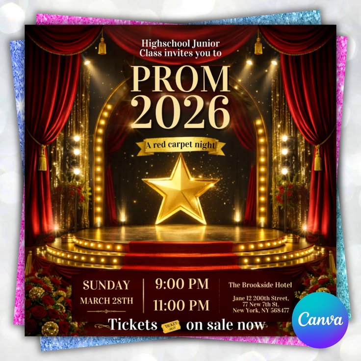 Hollywood-red-carpet-premiere-theme-with-rich-red-velvet-curtains-glowing-3D-gold-star-and-marquee-lights-for-prom-flyer-Ideas