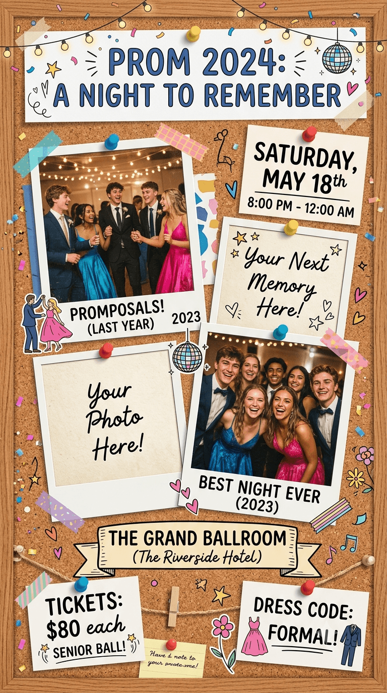 Warm-sentimental-corkboard-scrapbook-design-with-Polaroid-frames-showing-smiling-teenagers-and-blank-Your-Photo-Here-placeholder-for-prom-flyer-ideas
