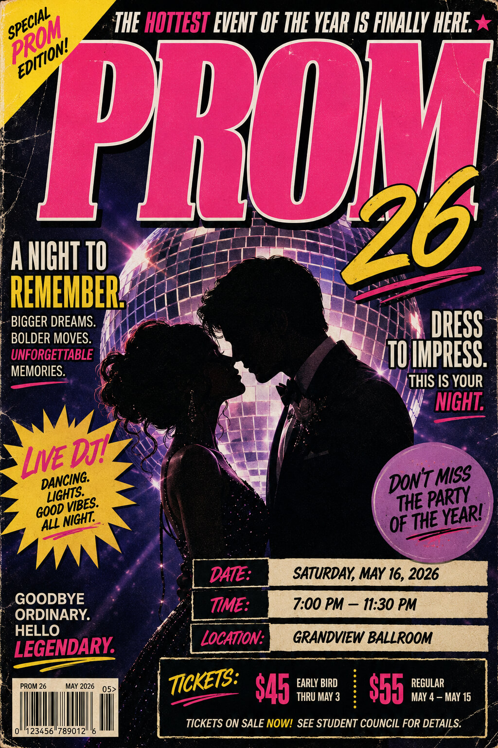 Retro-vintage-magazine-cover-style-poster-for-prom-flyer-idea-featuring-a-silhouette-of-a-couple-in-formalwear-in-front-of-a-large-glowing-disco-ball-with-bold-pink-and-yellow-headlines