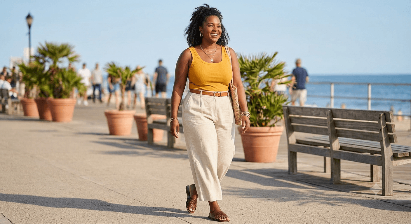 Plus-size-woman-wearing-breathable-wide-leg-linen-pants-and-a-fitted-tank-top-with-sandals