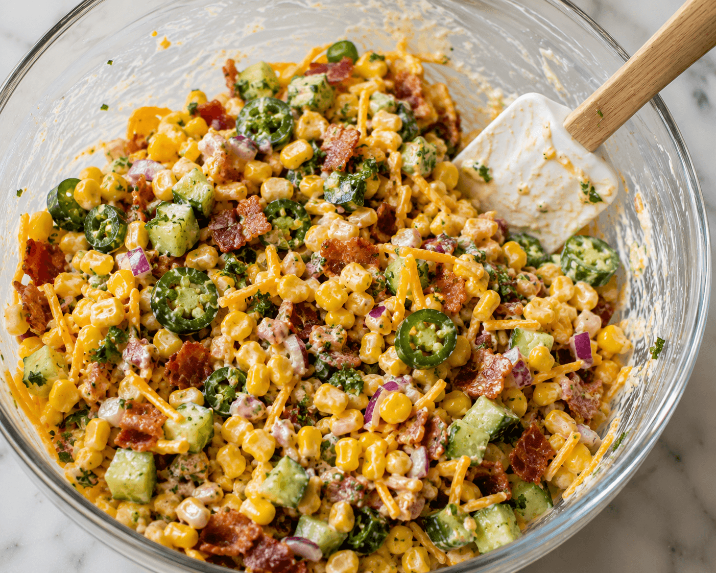 creamy-crack-corn-salad-with-bacon-cheddar-cheese-cucumber-and-jalapeños-in-a-mixing-bowl.