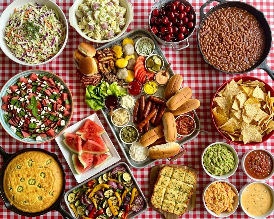 Overhead-view-of-a-luxurious-backyard-cookout-feast-featuring-grilled-burgers-and-hot-dogs-surrounded-by-potato-salad-baked-beans-cornbread-and-dips-on-a-classic-red-and-white-checkered-tablecloth-for-cookout-side-dishes