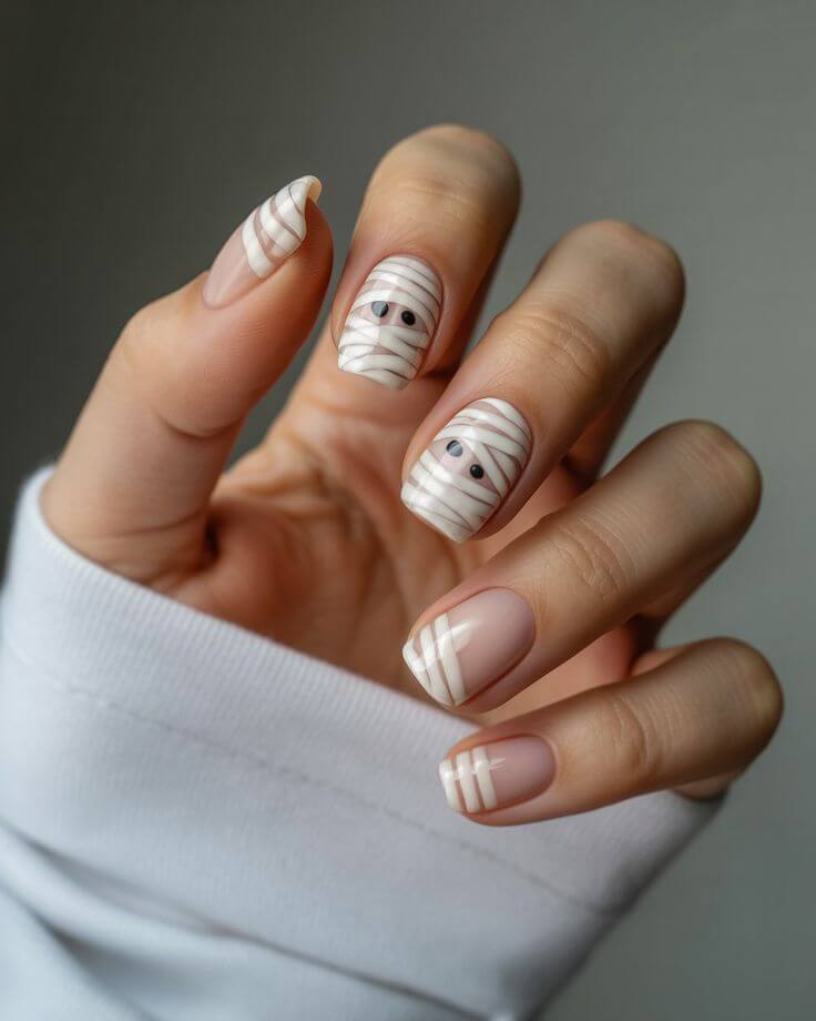 Mummy-wraps-Halloween-nail-ideas