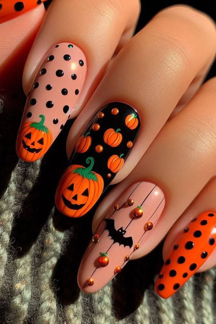 polka-dot-pumpkin-30-Halloween-nail-ideas